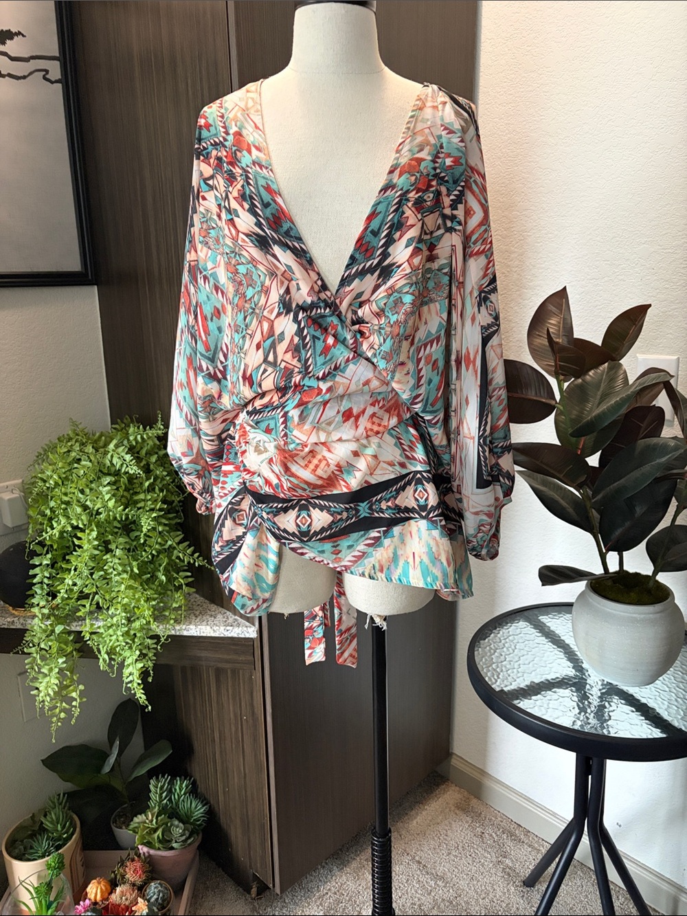 City Chic Tribal Print Wrap Tunic in Turquoise, Coral & Cream